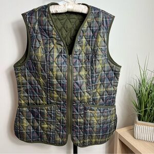 Barbour Tartan Betty Olive Green Plaid Quilted V-Neck Zip-Up Layering Vest 14